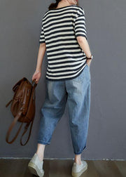 Bohemian Black White Striped V Neck Button Top Summer - SooLinen