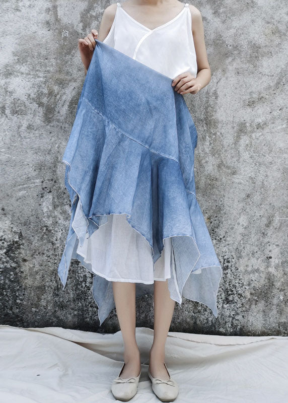 Bohemian Blue Elastic Waist Asymmetrical Patchwork Cotton Skirt Summer