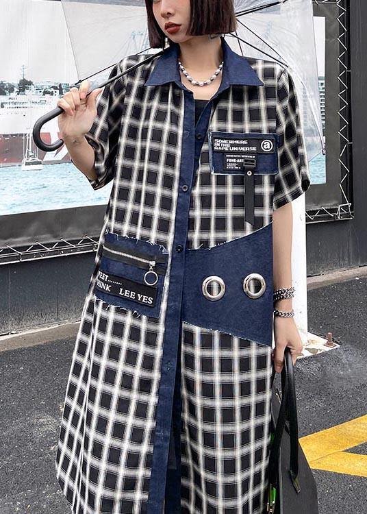 Bohemian Blue Plaid Patchwork Peter Pan Collar Summer Cotton Dress - SooLinen