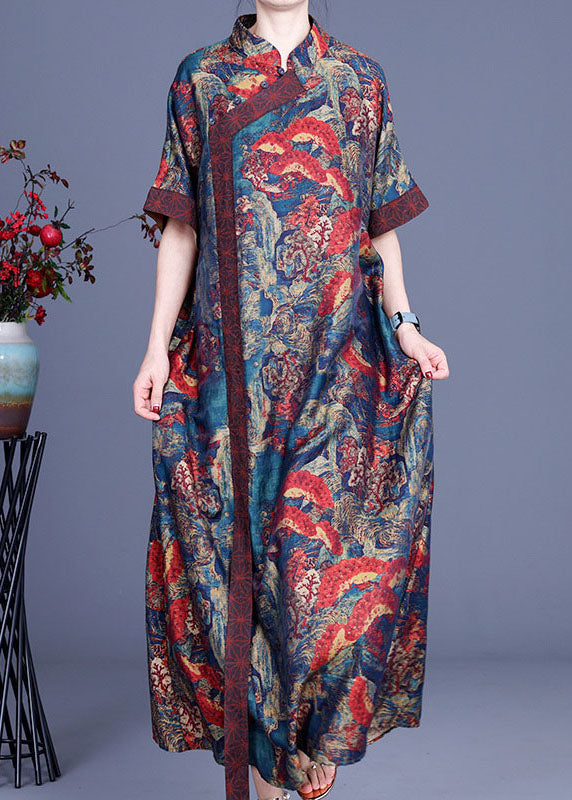 Bohemian Blue Print Silk Robe Kleider Frühling