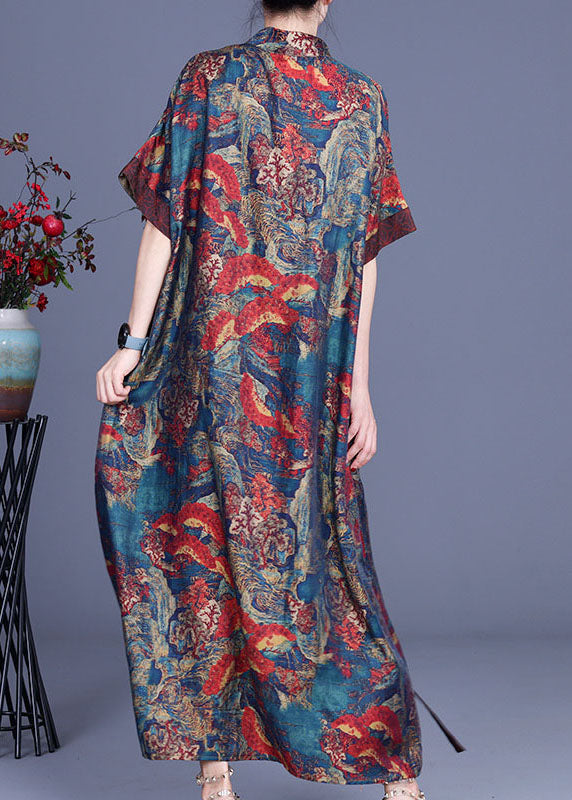 Bohemian Blue Print Silk Robe Kleider Frühling