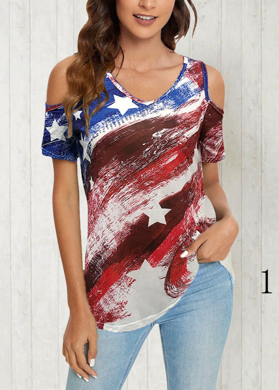 Bohemian Colorblock V Neck Off The Shoulder Independence Day Theme Tanks Summer