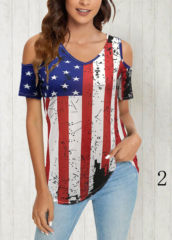 Bohemian Colorblock V Neck Off The Shoulder Independence Day Theme Tanks Summer