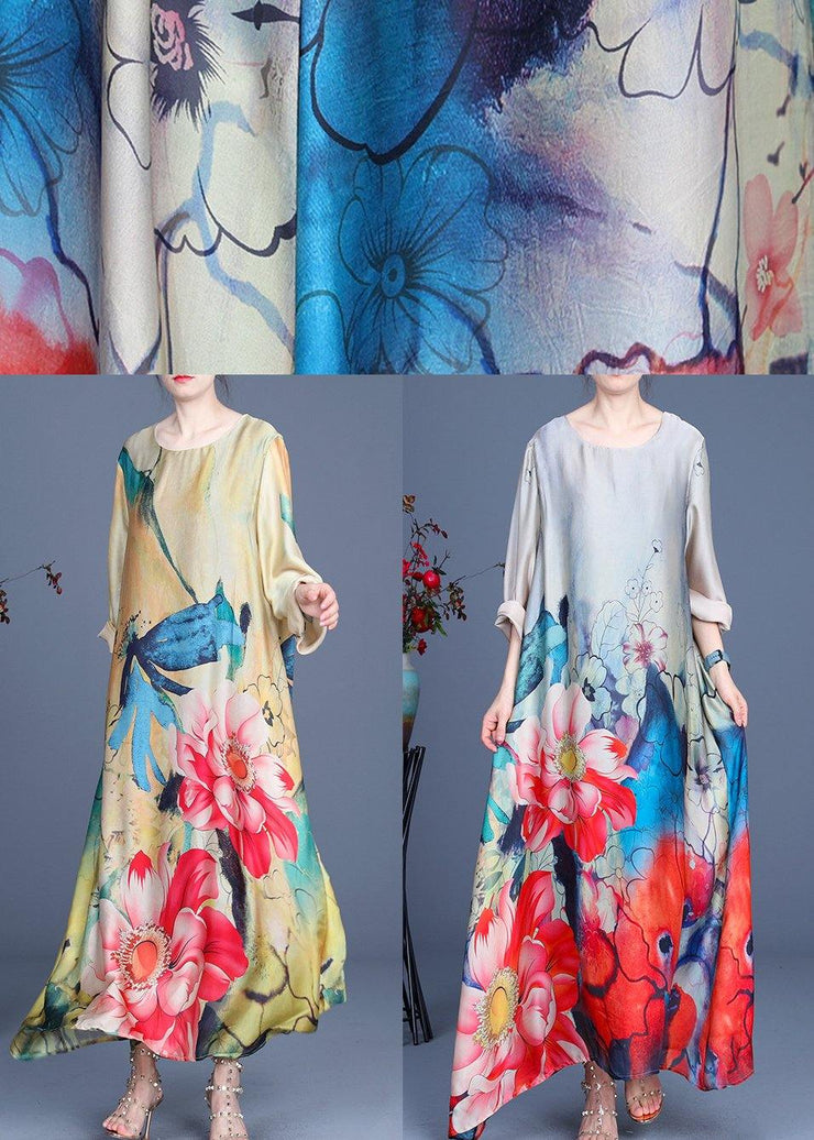 Bohemian Grey Print asymmetrical design Silk Summer Mid Dress - SooLinen