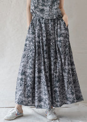 Bohemian Grey elastic waist drawstring Print Cotton Skirts Spring