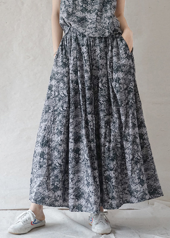 Bohemian Grey elastic waist drawstring Print Cotton Skirts Spring
