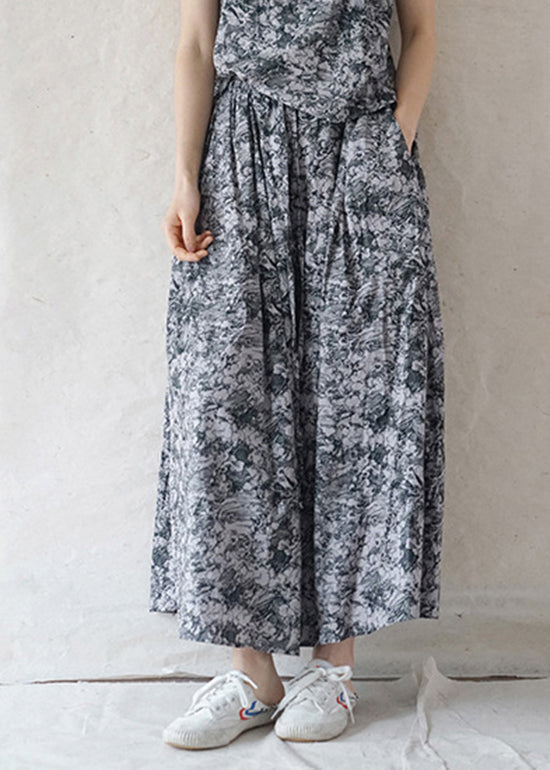 Bohemian Grey elastic waist drawstring Print Cotton Skirts Spring