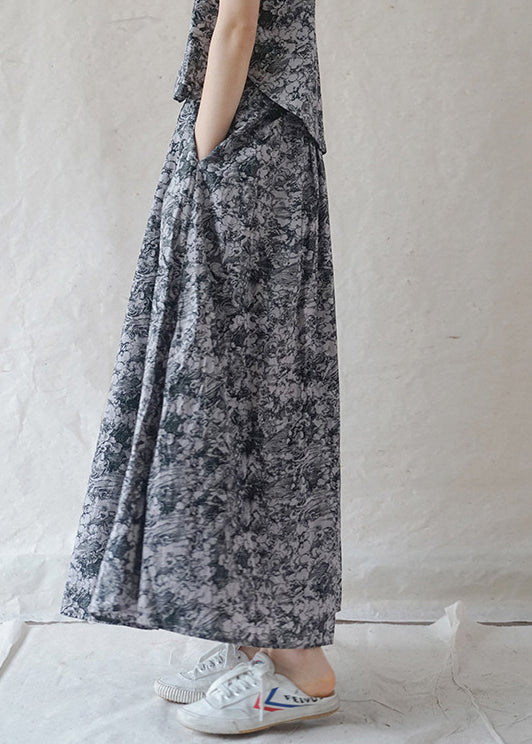 Bohemian Grey elastic waist drawstring Print Cotton Skirts Spring
