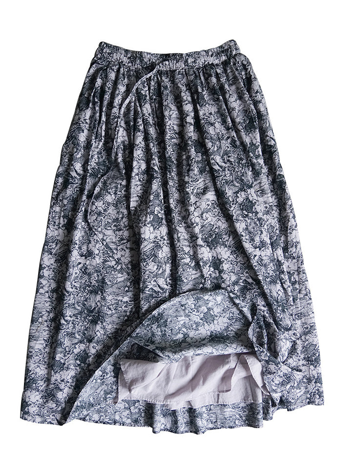 Bohemian Grey elastic waist drawstring Print Cotton Skirts Spring