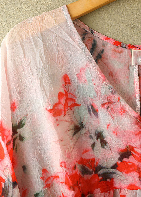 Bohemian hellrosa Druck V-Ausschnitt Patchwork zerknittertes Baumwolloberteil Kurzarm