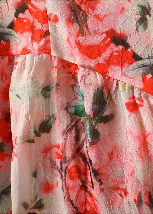 Bohemian hellrosa Druck V-Ausschnitt Patchwork zerknittertes Baumwolloberteil Kurzarm