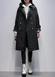 Bohemian Notched tie waist Fine trench coat black Knee coats - SooLinen