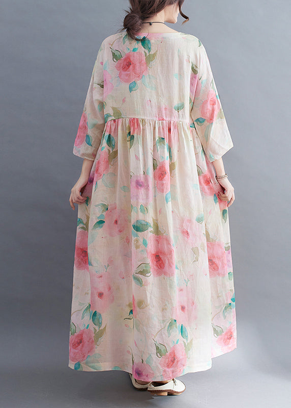Bohemian O-Neck Cinched Floral Print vacation Dress Three Quarter sleeve
