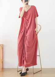 Bohemian Pink Wrinkled V Neck Cotton Party Dress Short Sleeve