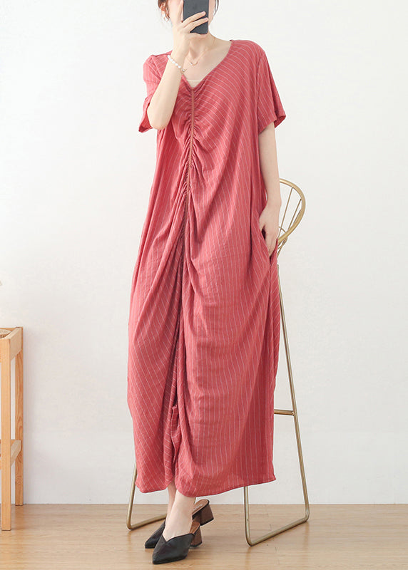 Bohemian Pink Wrinkled V Neck Cotton Party Dress Short Sleeve