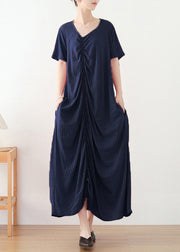 Bohemian Pink Wrinkled V Neck Cotton Party Dress Short Sleeve
