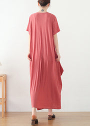 Bohemian Pink Wrinkled V Neck Cotton Party Dress Short Sleeve