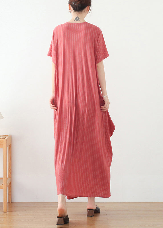 Bohemian Pink Wrinkled V Neck Cotton Party Dress Short Sleeve