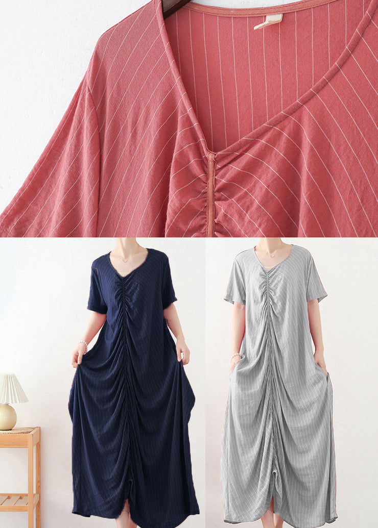 Bohemian Pink Wrinkled V Neck Cotton Party Dress Short Sleeve