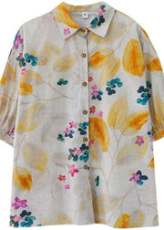 Bohemian Print Peter Pan Collar Button Cotton Top Summer - SooLinen