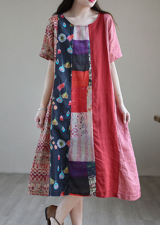 Bohemian Red Loose Patchwork cotton blend Fall Short Sleeve Long Dresses