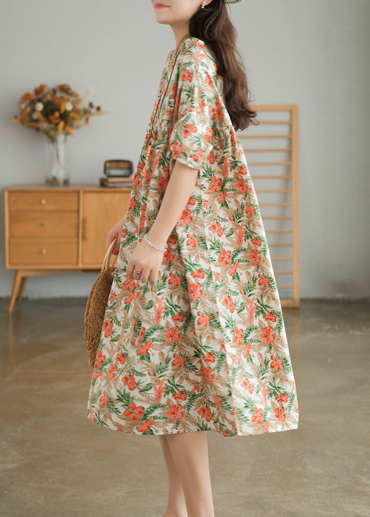 Bohemian Red Print O-Neck Cotton Beach Dresses Short Sleeve