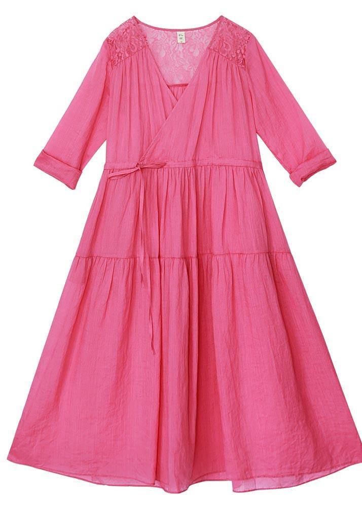 Bohemian Rose Patchwork Lace Pockets Maxi Summer Linen Dress - SooLinen