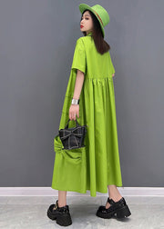 Bohemian Solid Green Peter Pan Collar Patchwork Oversized Dress Short Sleeve