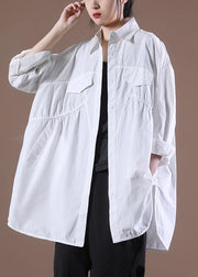 Bohemian White Asymmetrical Print Shirt Long Sleeve - SooLinen
