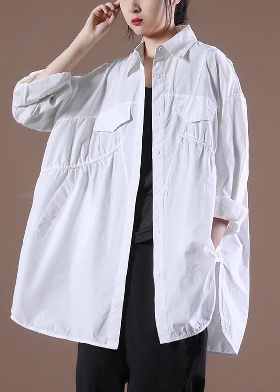 Bohemian White Asymmetrical Print Shirt Long Sleeve - SooLinen