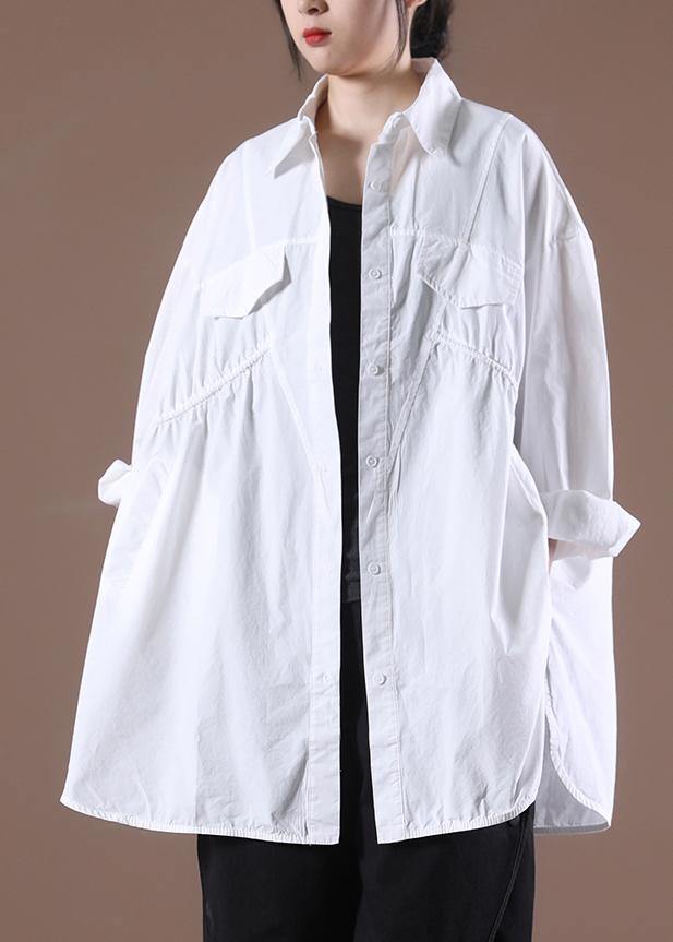 Bohemian White Asymmetrical Print Shirt Long Sleeve - SooLinen