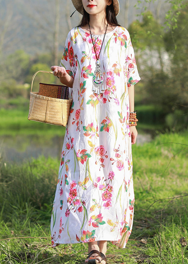 Bohemian White O-Neck Blumendruck Strandkleider Kurzarm