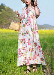Bohemian White O-Neck Blumendruck Strandkleider Kurzarm