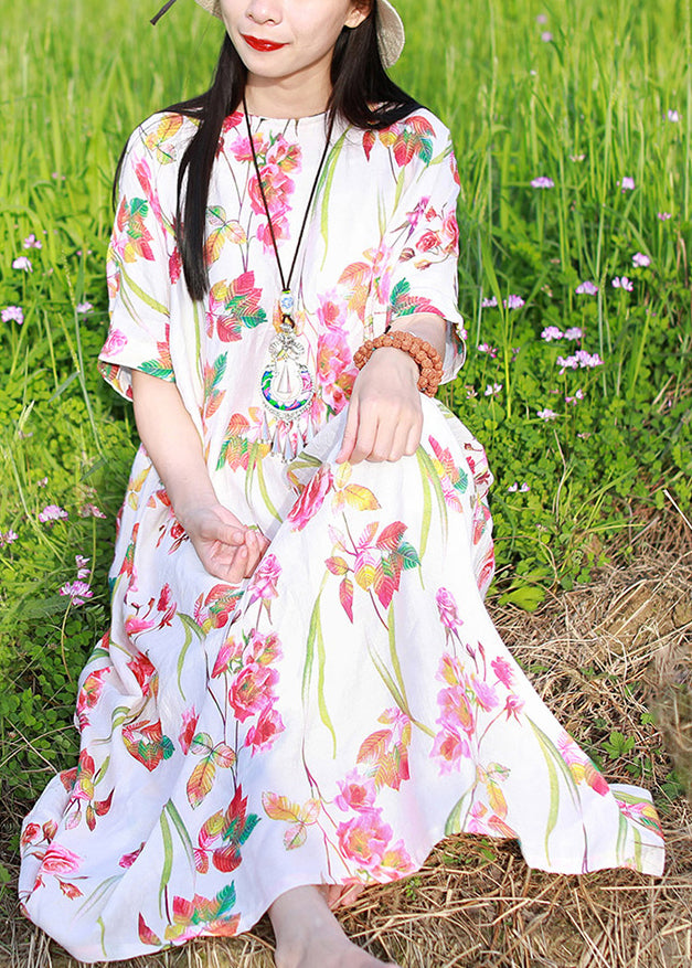 Bohemian White O-Neck Blumendruck Strandkleider Kurzarm