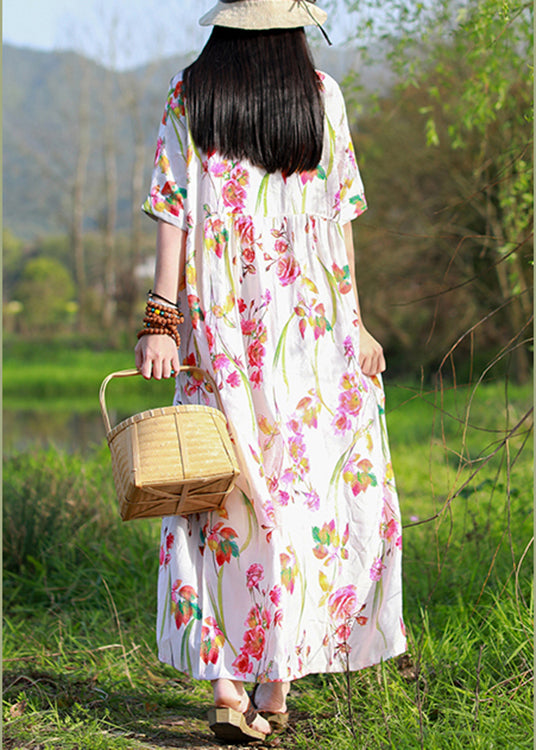 Bohemian White O-Neck Blumendruck Strandkleider Kurzarm