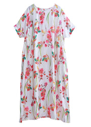 Bohemian White O-Neck Blumendruck Strandkleider Kurzarm