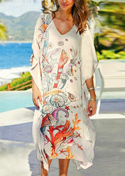 Bohemian White Print V Neck Beach long smock Vacation Summer Chiffon Dress - SooLinen