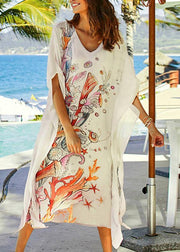 Bohemian White Print V Neck Beach long smock Vacation Summer Chiffon Dress - SooLinen