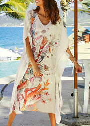 Bohemian White Print V Neck Beach long smock Vacation Summer Chiffon Dress - SooLinen