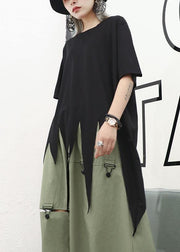 Bohemian asymmetric hem cotton Long Shirts design black o neck shirts summer - SooLinen