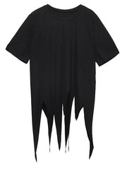 Bohemian asymmetric hem cotton Long Shirts design black o neck shirts summer - SooLinen