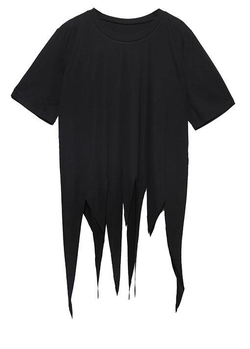 Bohemian asymmetric hem cotton Long Shirts design black o neck shirts summer - SooLinen