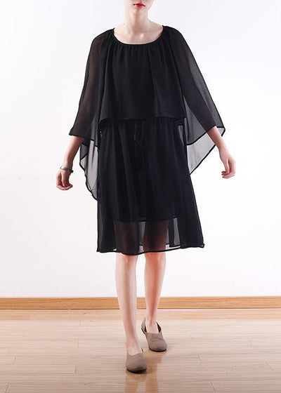 Bohemian black chiffon Long Shirts Indian Shirts tie waist long summer Dresses - SooLinen