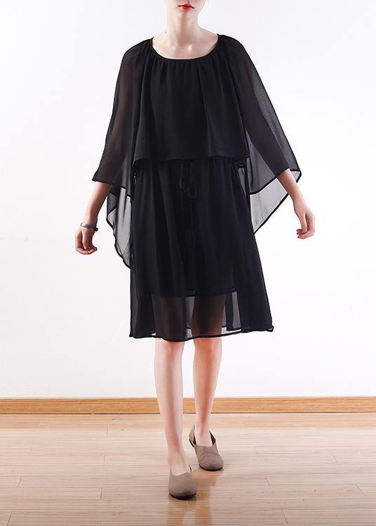 Bohemian black chiffon Long Shirts Indian Shirts tie waist long summer Dresses - SooLinen