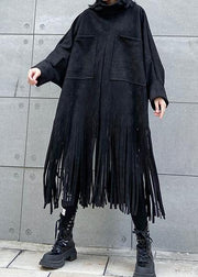 Bohemian black cotton Tunics tassel Plus Size half high neck Dress - SooLinen
