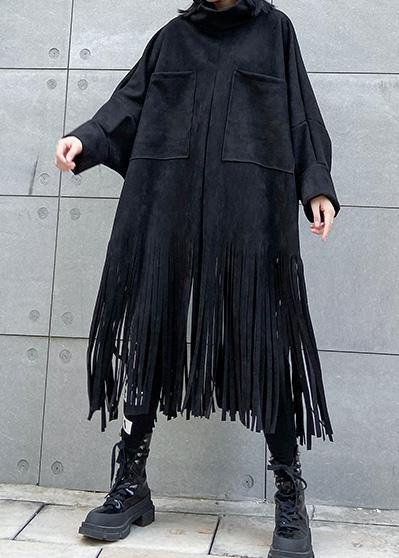 Bohemian black cotton Tunics tassel Plus Size half high neck Dress - SooLinen