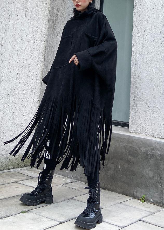 Bohemian black cotton Tunics tassel Plus Size half high neck Dress - SooLinen