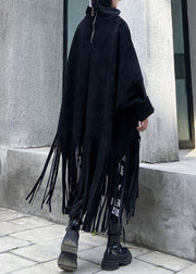 Bohemian black cotton Tunics tassel Plus Size half high neck Dress - SooLinen