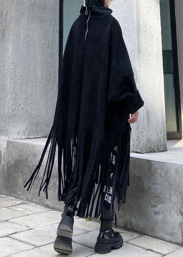 Bohemian black cotton Tunics tassel Plus Size half high neck Dress - SooLinen