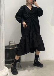 Bohemian black cotton clothes For Women Ruffles Cinched Plus Size v neck Dress - SooLinen